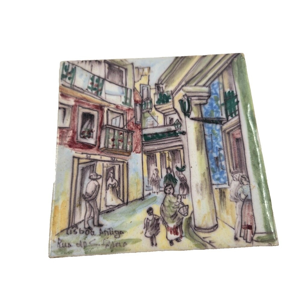 Vtg HandPainted Portuguese Ceramic Tile Rustic Folk Art 5 1/2 x 5 1/2 SIGNED